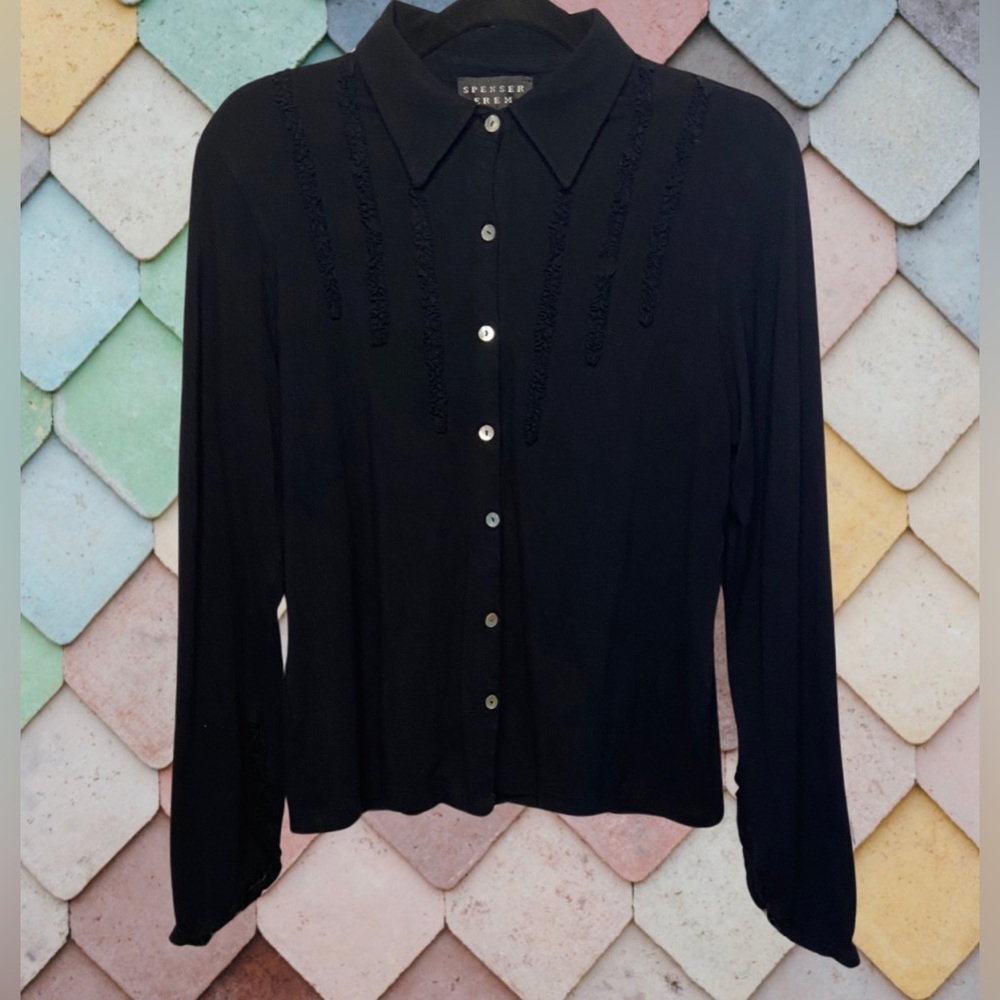 Spenser Jeremy Black Long Sleeve Button-Up with Frilled Detailing - Size XL
